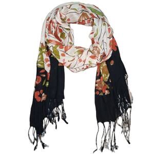 White Floral Gauze Scarf with Fringe Lightweight Wrap Shawl Sarong